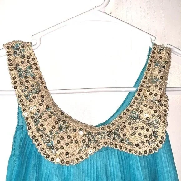Sleeveless Teal Pleated Dress With Sequin Collar - Picture 3 of 10